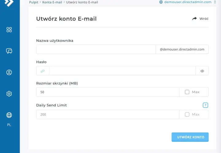 Formularz tworzenia konta e-mail z polami nazwy użytkownika, hasła, rozmiaru skrzynki i limitu wysyłki.