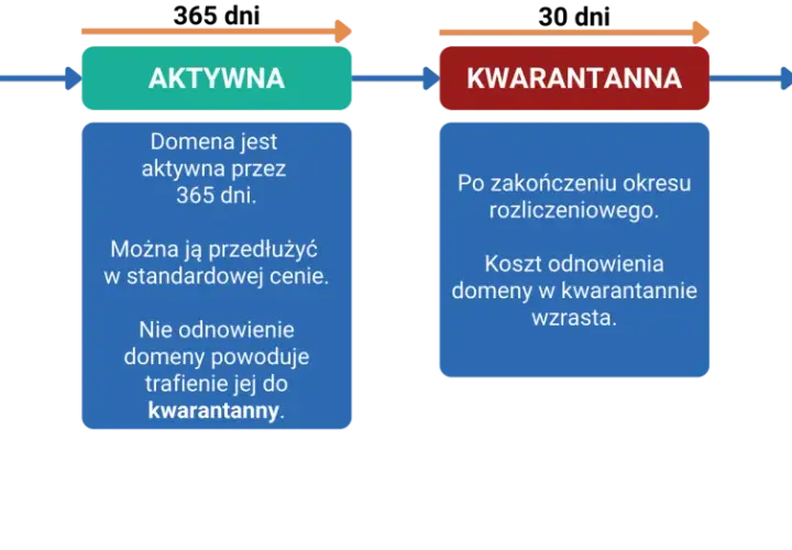 Diagram cyklu życia domeny: rejestracja (1-10 lat), aktywna (365 dni), kwarantanna (po wygaśnięciu, droższa), wolna. Do kiedy domena?