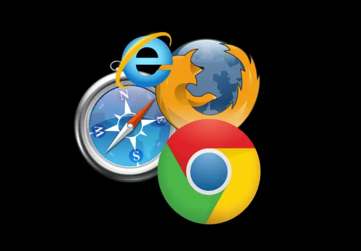 Ikony przeglądarek Internet Explorer, Firefox i Chrome na tle kompasu. Dowiedz się, jak zmienić przeglądarkę w telefonie, by wybrać najlepszą ścieżkę.
