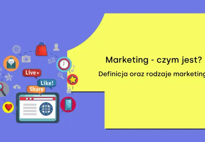 Marketing - czym jest? Ilustracja przedstawia ikony związane z mediami społecznościowymi i reklamą, a także tekst o definicji i rodzajach marketingu.