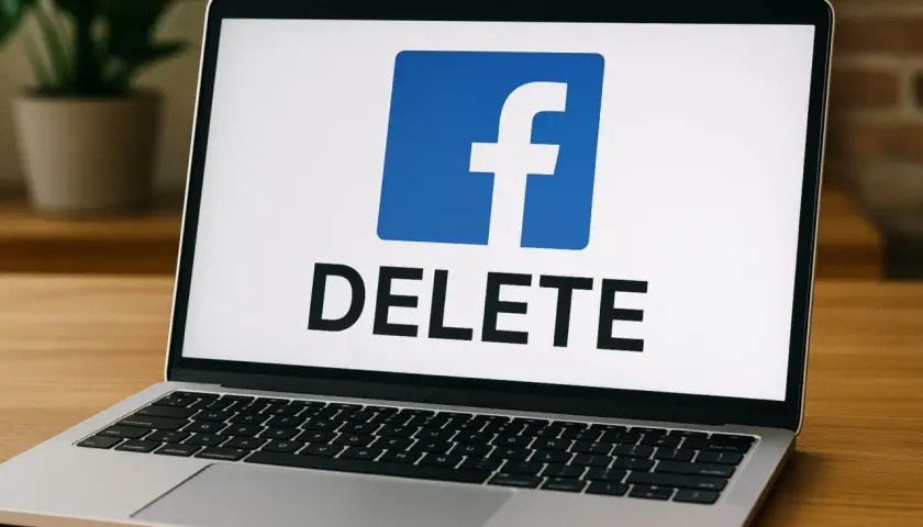 Laptop z logo Facebook i napisem DELETE.