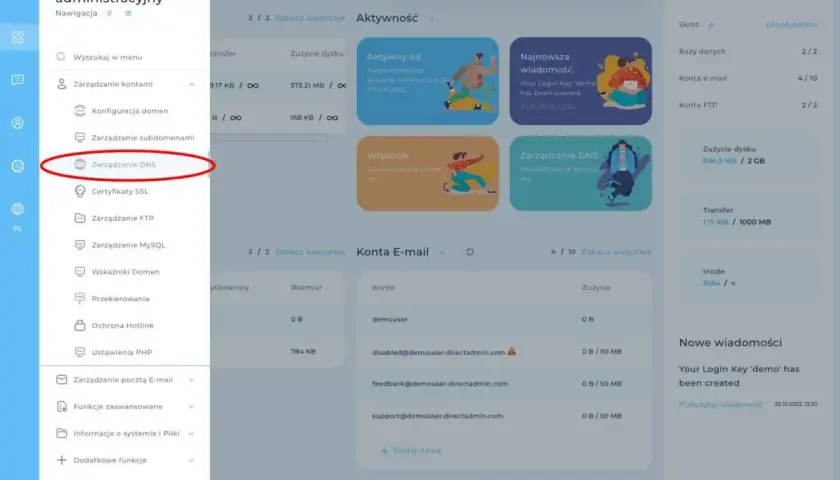 Panel administracyjny, sekcja "Zarządzanie DNS" - kluczowy krok, jak połączyć domenę z hostingiem.
