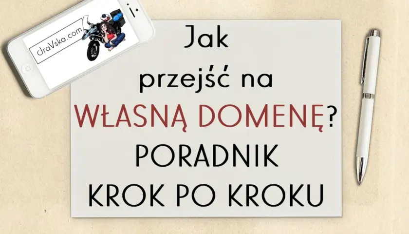 Jak przenieść domenę? Poradnik krok po kroku. Na ekranie telefonu grafika z motocyklistką i adresem clraVska.com.