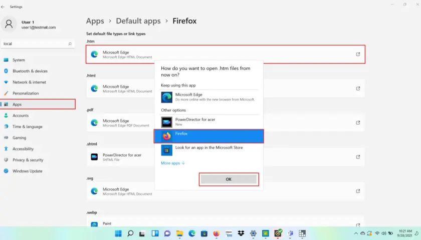 Ustawianie domyślnej przeglądarki w Windows 11: wybierz Firefox jako domyślną aplikację do otwierania plików .htm.