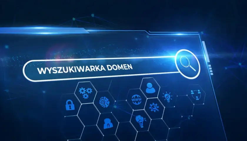 Wyszukiwarka domen: sprawdź, do kogo należy domena i jakie są jej parametry. Ikony symbolizują bezpieczeństwo, technologię i współpracę.