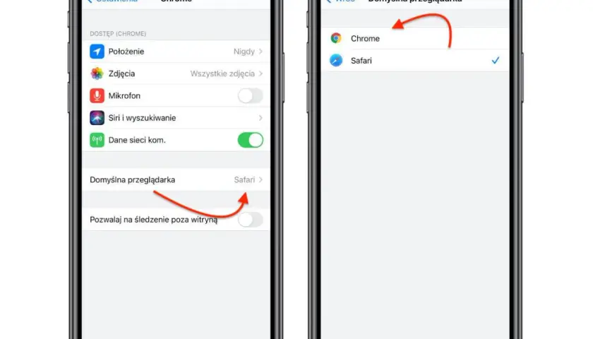 Dwa ekrany iPhone'a pokazujące ustawienia domyślnej przeglądarki, z zaznaczonym Chrome.