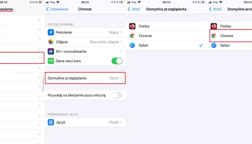 Ustawienia domyślnej przeglądarki. Wybierz Chrome, aby zmienić przeglądarkę na Google.
