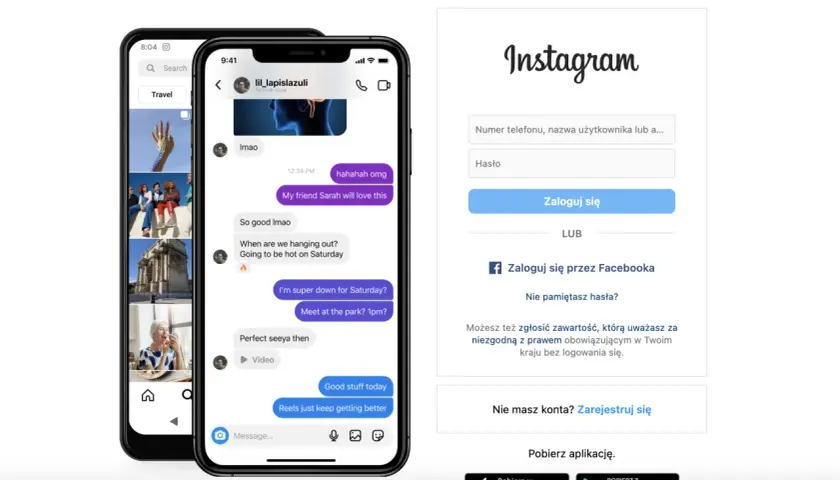 Ekran logowania Instagram. Widzisz okno, gdzie możesz wpisać dane do logowania, a poniżej opcję "Nie pamiętasz hasła?", która pomoże Ci jak zmienić hasło na Instagram.
