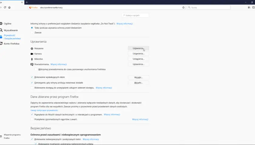 Ustawienia przeglądarki Firefox: jak włączyć sprawdzanie lokalizacji. Kliknij "Ustawienia" przy "Położenie", aby zarządzać uprawnieniami.