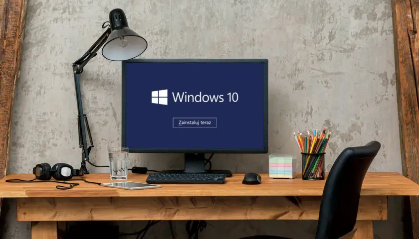 Biurko z komputerem wyświetlającym logo Windows 10 i przycisk "Zainstaluj teraz". Obok słuchawki, tablet, szkło z wodą, myszka, kredki i notatki.
