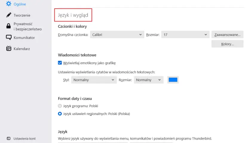 Ustawienia programu Thunderbird: zakładka "Język i wygląd". Wybierz język programu, aby zmienić język w przeglądarce Firefox.