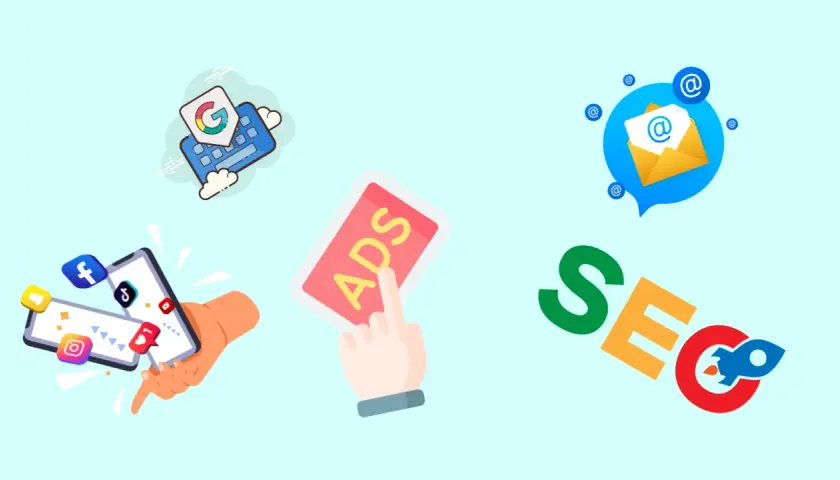 Grafika przedstawia ikony marketingu: social media, Google Ads, e-mail i SEO z rakietą.