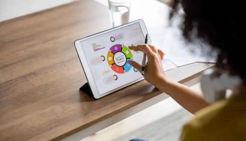 Kobieta pracuje nad planem marketingowym na tablecie, angażując się w **content co creation**.