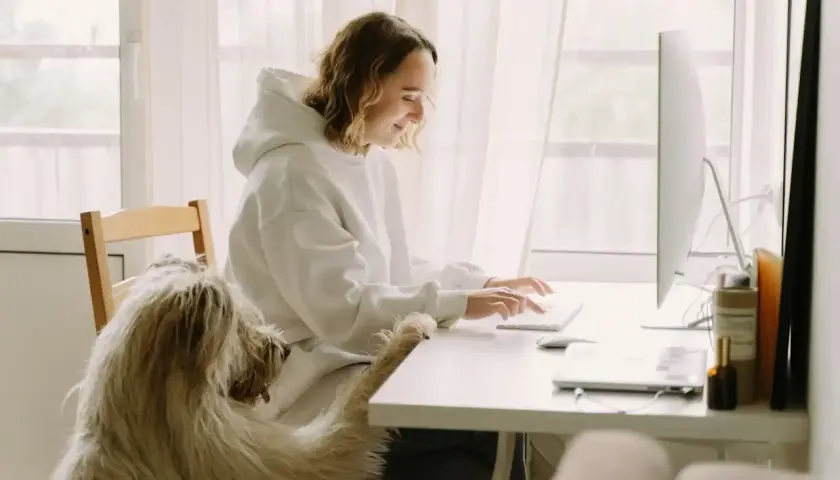 Content specialist pracuje przy komputerze, towarzyszy jej kudłaty pies.