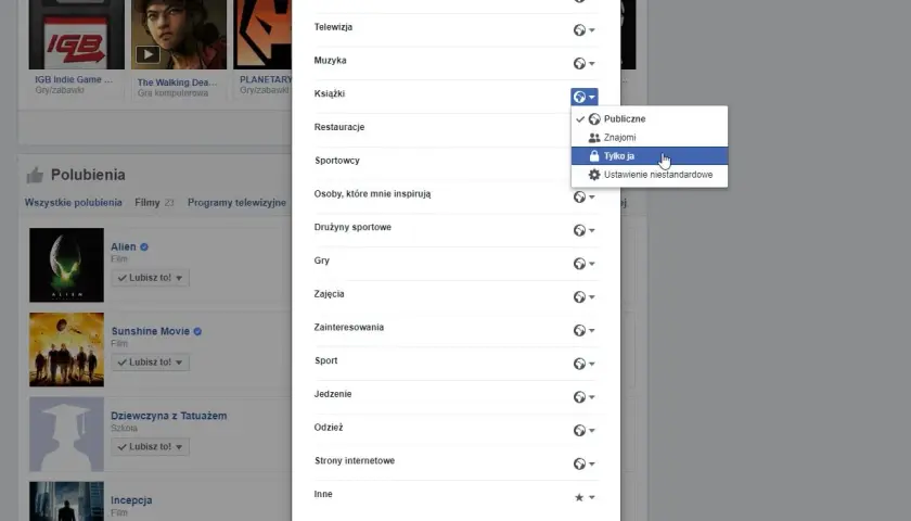 Jak wyłączyć like na Facebooku? Kliknij "Tylko ja" przy zainteresowaniach, aby ukryć polubienia.