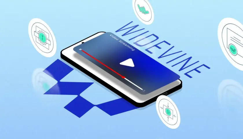 Smartfon z napisem WIDEVINE i ikonami symbolizującymi bezpieczeństwo. Widevine content decryption module to klucz do bezpiecznego streamingu.