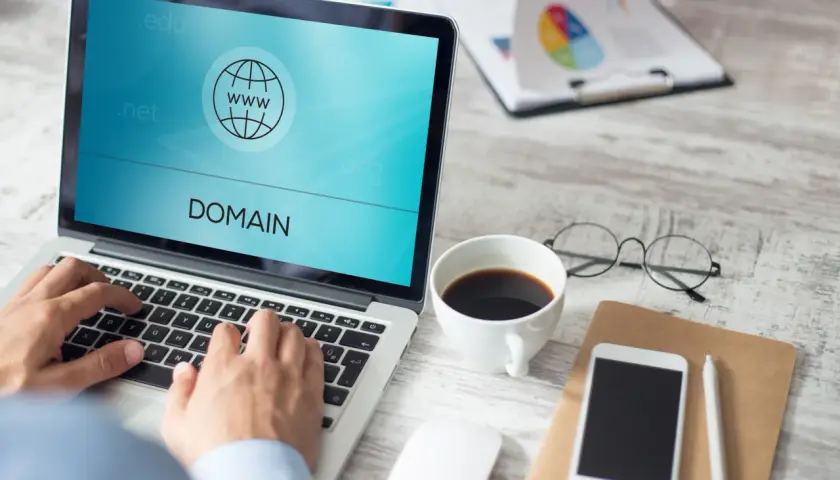 Osoba pisząca na laptopie z ikoną domeny i tekstem "DOMAIN" na ekranie.