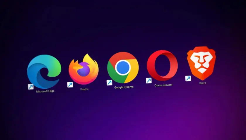 Ikony przeglądarek: Microsoft Edge, Firefox, Google Chrome, Opera, Brave. Jaka najlepsza przeglądarka dla Windows 10?