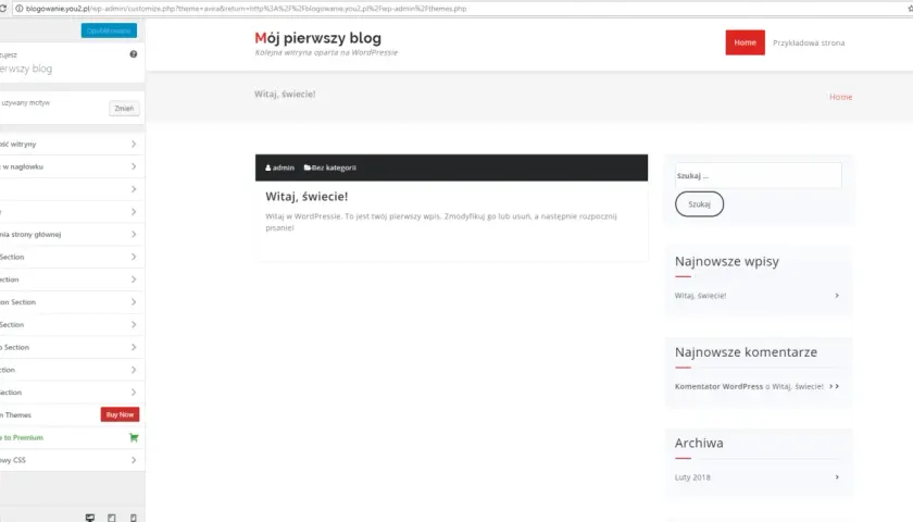 Panel administracyjny WordPress z menu po lewej i podglądem strony głównej bloga po prawej.