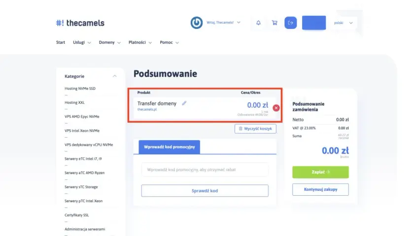 Podsumowanie zamówienia: Transfer domeny thecamels.pl za 0.00 zł. Czas realizacji transferu domeny jest zazwyczaj krótki.