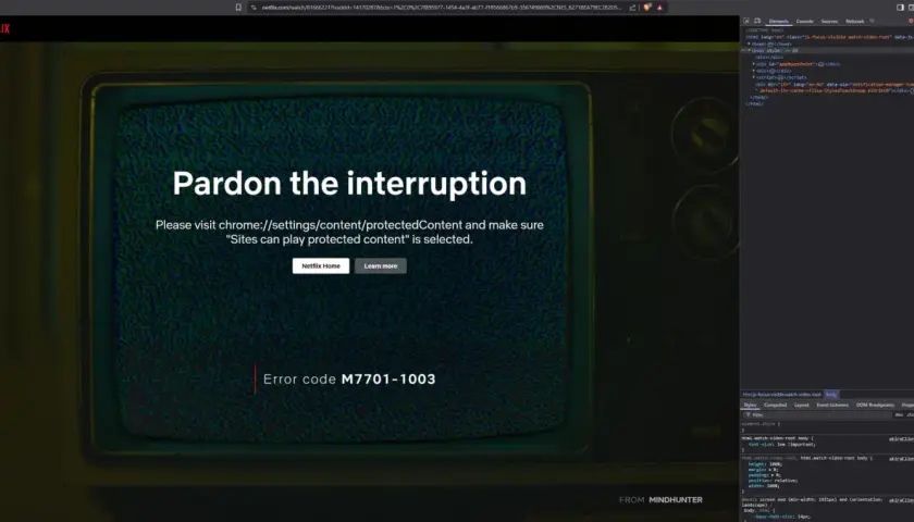 Błąd M7701-1003 na Netflixie. Aby rozwiązać problem, jak zaktualizować Widevine Content Decryption Module, odwiedź chrome://settings/content/protectedContent.