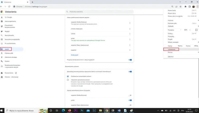 Ustawienia języków w Chrome. Kliknij "Języki", aby dowiedzieć się, jak zmienić język w przeglądarce Chrome.