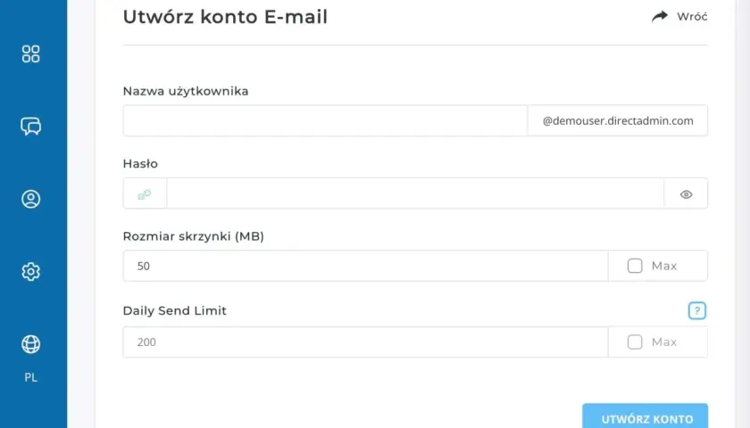 Formularz tworzenia konta e-mail z polami nazwy użytkownika, hasła, rozmiaru skrzynki i limitu wysyłki.