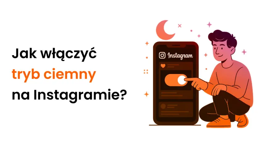Chcesz wiedzieć, jak zmienić Instagram na czarny? Ilustracja pokazuje, jak włączyć tryb ciemny na Instagramie, z ikoną księżyca i gwiazd.