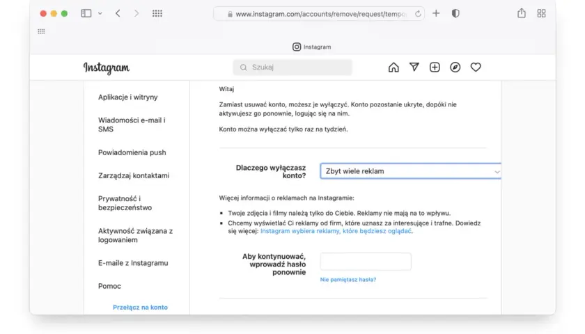 Strona Instagram z opcją tymczasowego wyłączenia konta. Wybierz powód: "Zbyt wiele reklam". Dowiedz się, jak usunąć konto.