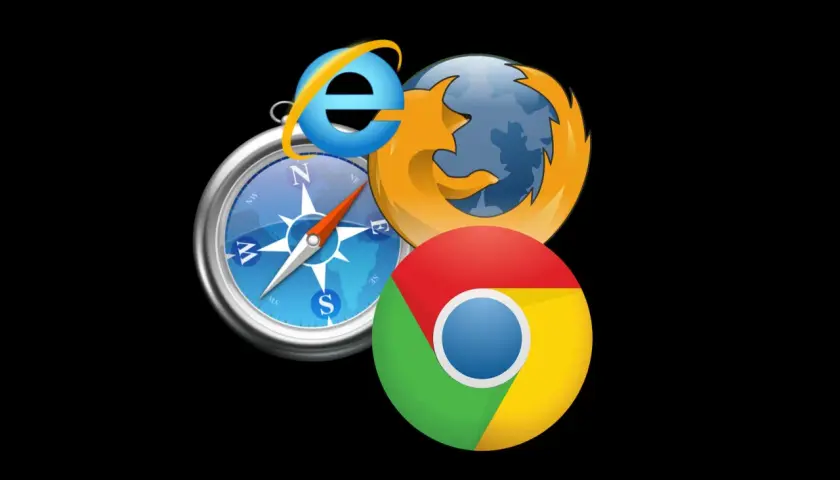 Ikony przeglądarek Internet Explorer, Firefox i Chrome na tle kompasu. Dowiedz się, jak zmienić przeglądarkę w telefonie, by wybrać najlepszą ścieżkę.