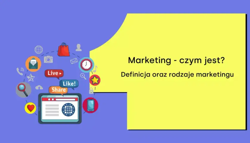 Marketing - czym jest? Ilustracja przedstawia ikony związane z mediami społecznościowymi i reklamą, a także tekst o definicji i rodzajach marketingu.