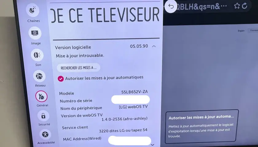 Ekran telewizora LG z menu "O tym telewizorze". Widoczna opcja "Jak zaktualizować przeglądarkę w telewizorze LG" oraz wersja oprogramowania.