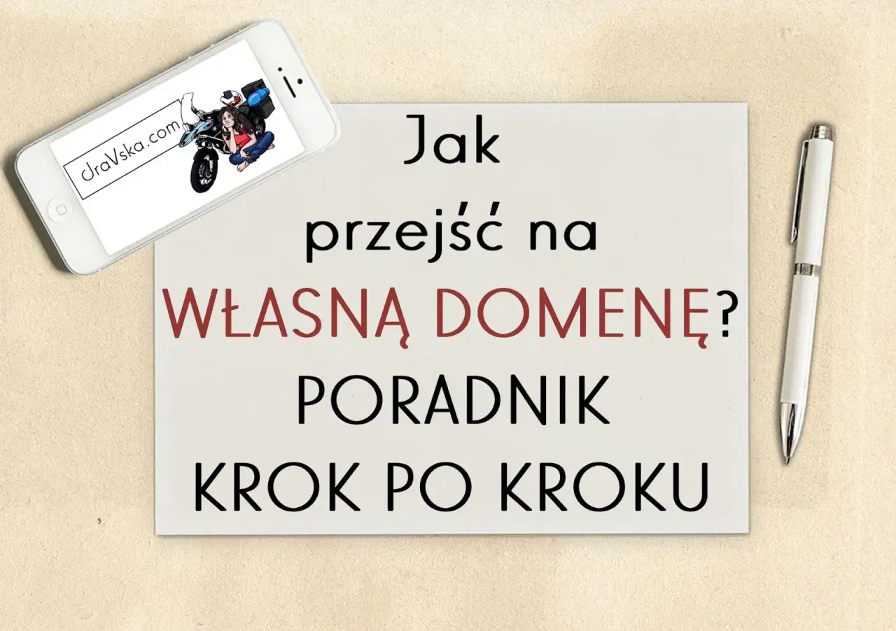 Jak przenieść domenę? Poradnik krok po kroku. Na ekranie telefonu grafika z motocyklistką i adresem clraVska.com.