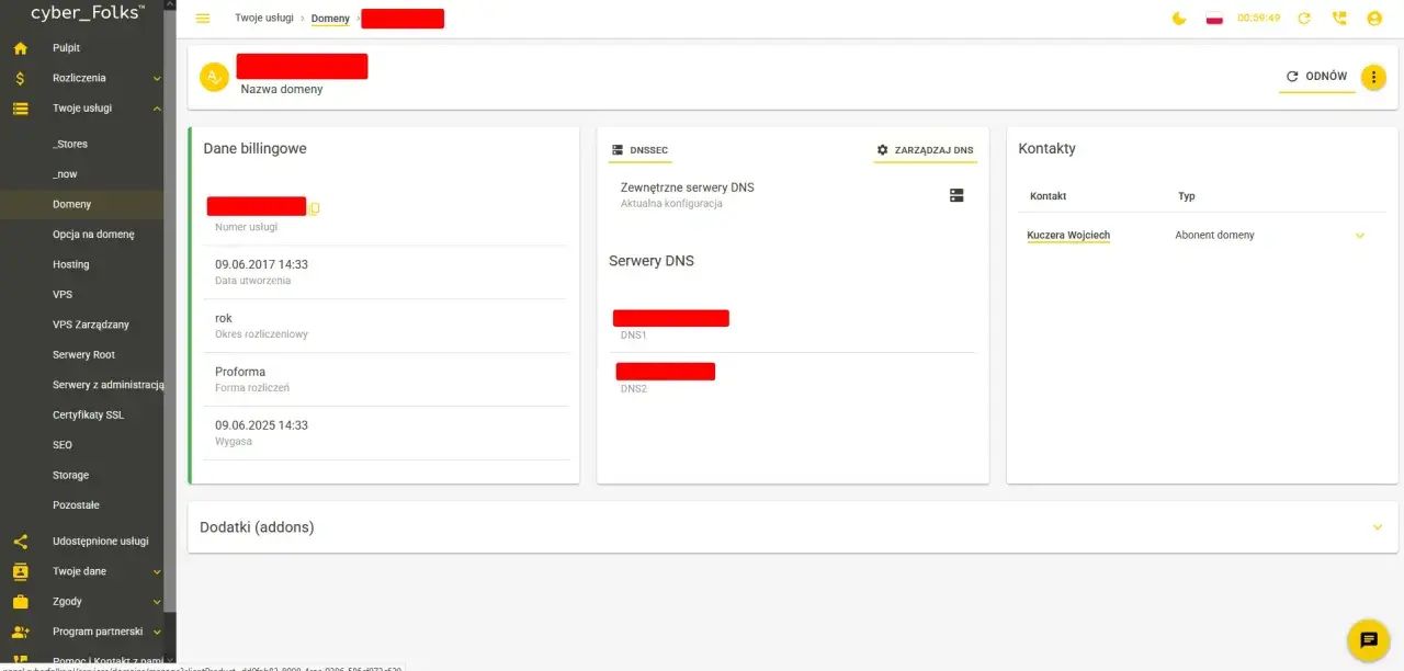 Panel administracyjny domeny. Widok szczegółów domeny, dane billingowe, serwery DNS i kontakty. To jest co to jest delegacja domeny.