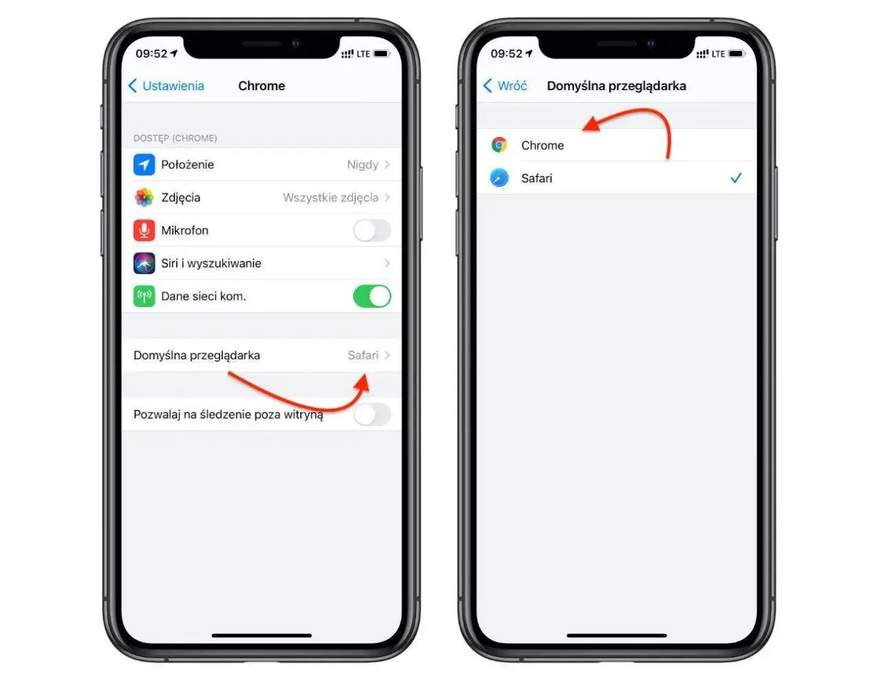 Dwa ekrany iPhone'a pokazujące ustawienia domyślnej przeglądarki, z zaznaczonym Chrome.