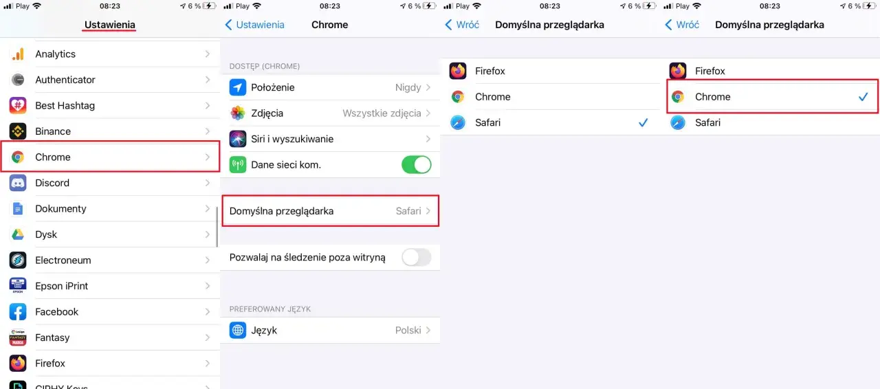 Ustawienia domyślnej przeglądarki. Wybierz Chrome, aby zmienić przeglądarkę na Google.