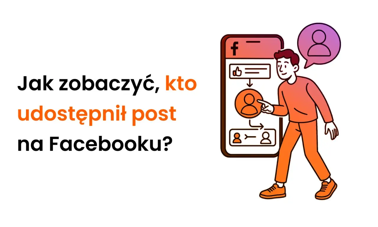 Dowiedz się, jak sprawdzić, kto udostępnił post na Facebooku. Ilustracja pokazuje mężczyznę wskazującego na ekran telefonu z ikonami profili.