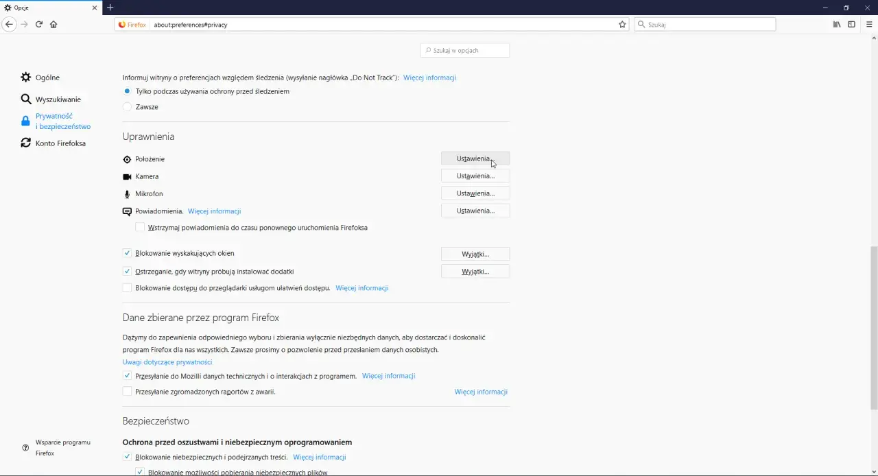 Ustawienia przeglądarki Firefox: jak włączyć sprawdzanie lokalizacji. Kliknij "Ustawienia" przy "Położenie", aby zarządzać uprawnieniami.