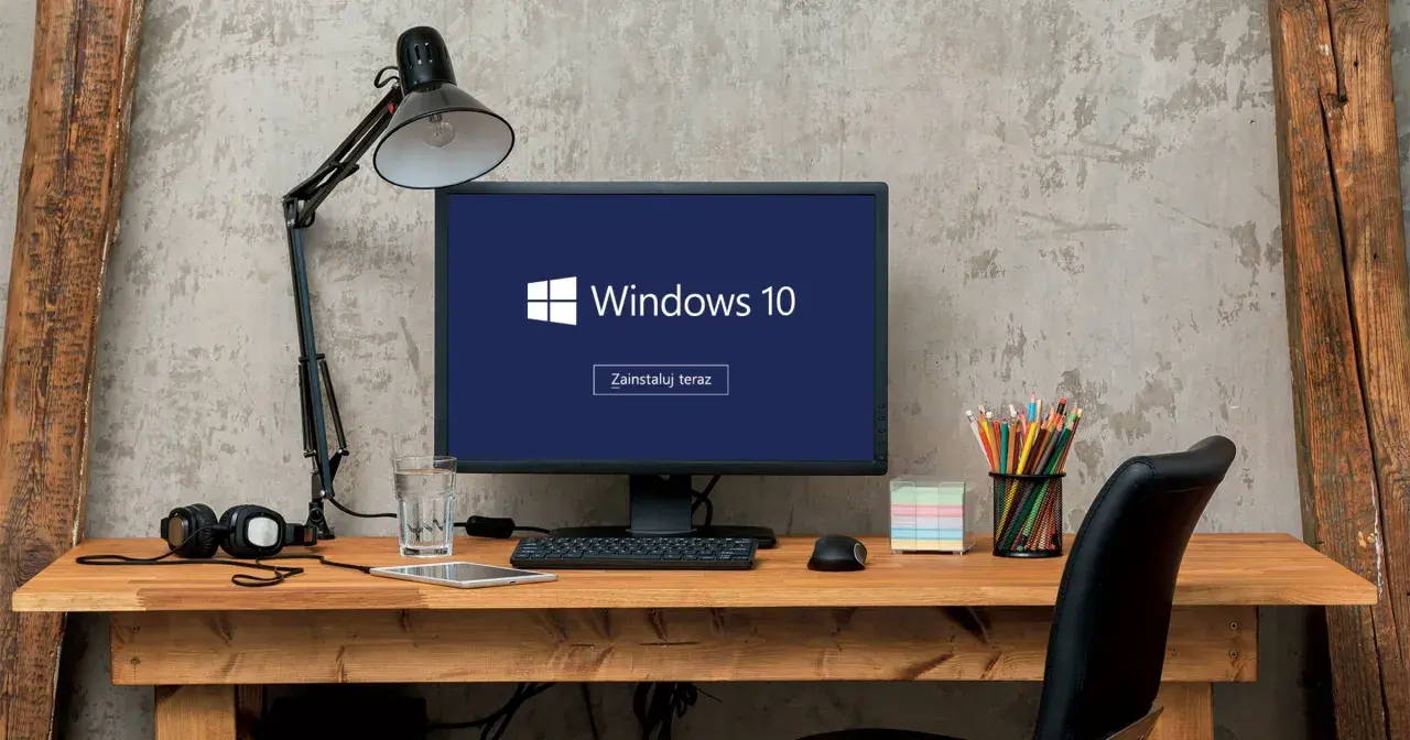 Biurko z komputerem wyświetlającym logo Windows 10 i przycisk "Zainstaluj teraz". Obok słuchawki, tablet, szkło z wodą, myszka, kredki i notatki.