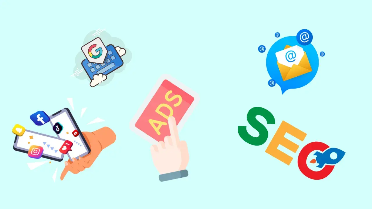 Grafika przedstawia ikony marketingu: social media, Google Ads, e-mail i SEO z rakietą.