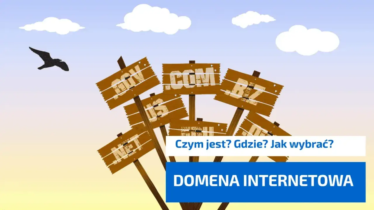 Drewniane tabliczki z nazwami domen (.com, .net, .org) i pytanie "Czym jest domena internetowa?". Ptak leci na tle nieba.