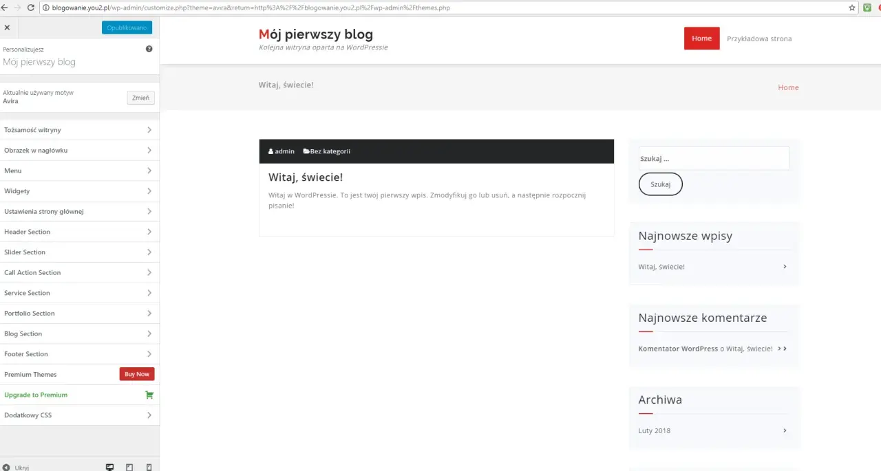 Panel administracyjny WordPress z menu po lewej i podglądem strony głównej bloga po prawej.