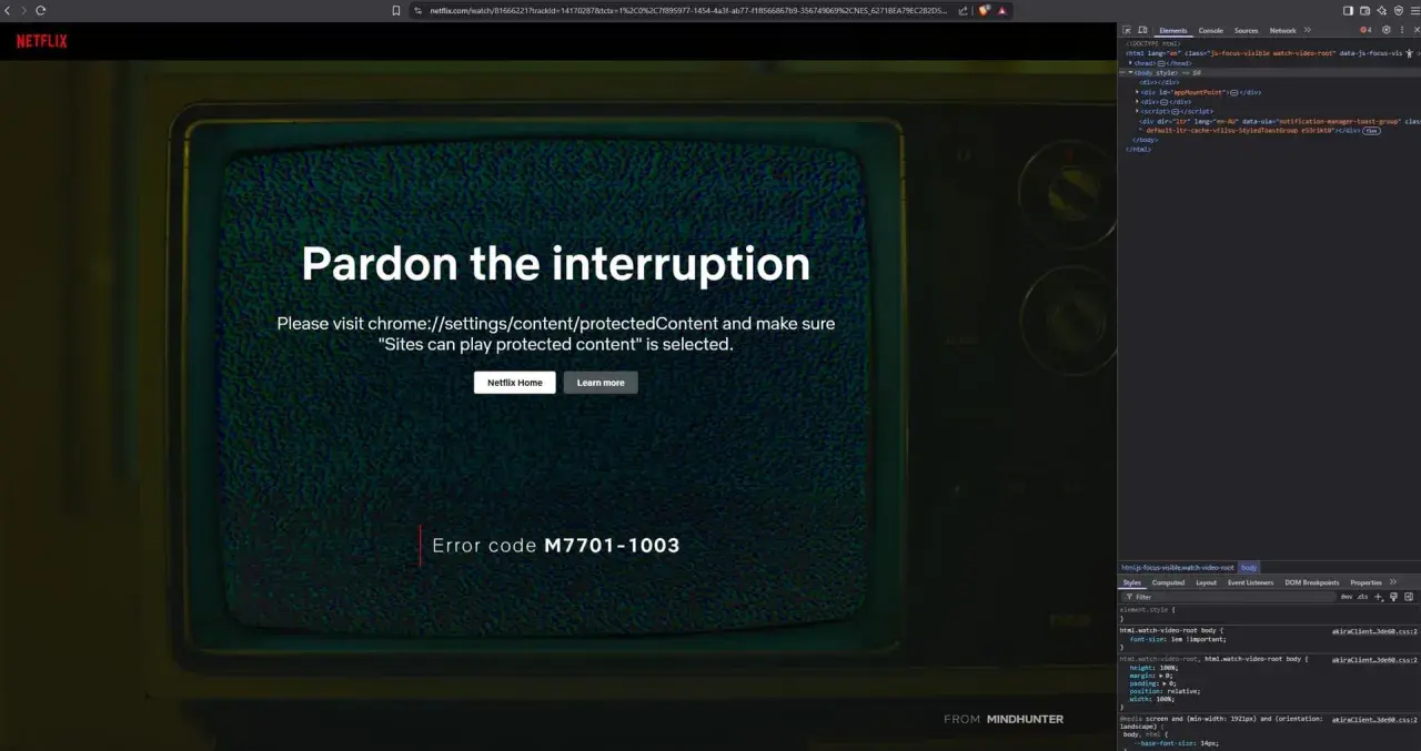 Błąd M7701-1003 na Netflixie. Aby rozwiązać problem, jak zaktualizować Widevine Content Decryption Module, odwiedź chrome://settings/content/protectedContent.