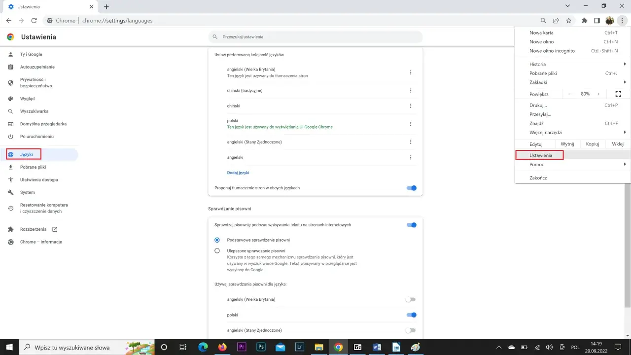 Ustawienia języków w Chrome. Kliknij "Języki", aby dowiedzieć się, jak zmienić język w przeglądarce Chrome.