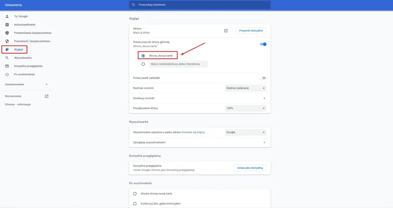 Ustawienia wyglądu przeglądarki Google Chrome: wybierz "Strona 'Nowa karta'" jako stronę główną.