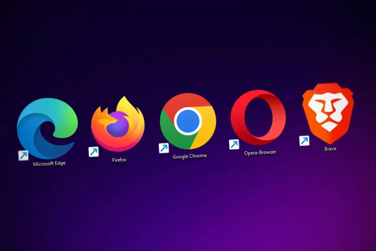 Ikony przeglądarek: Edge, Firefox, Chrome, Opera, Brave. Jaka najlepsza przeglądarka dla Windows 10?