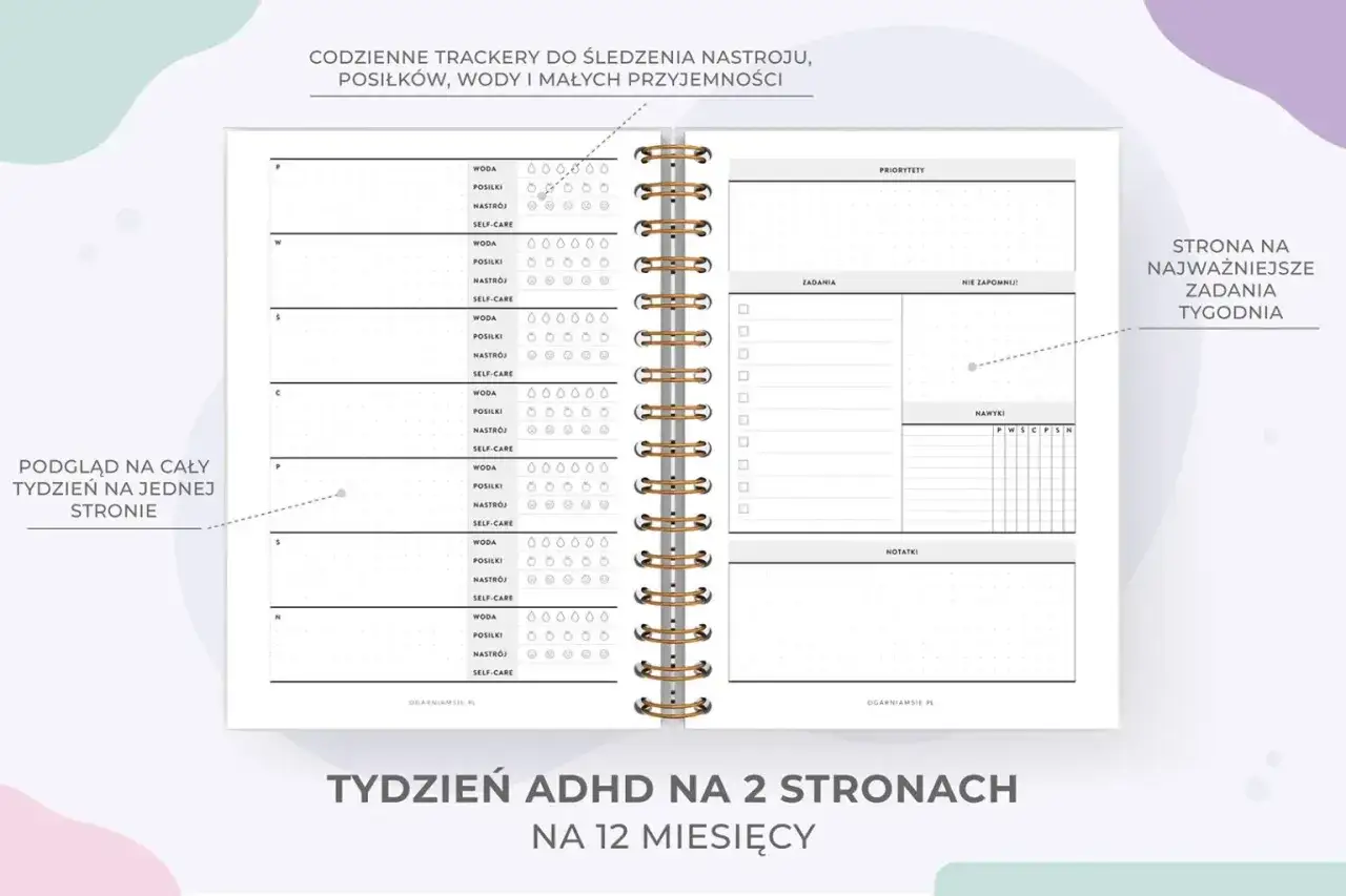 Planer tygodniowy z trackerami nastroju, posiłk&oacute;w i wody. Idealny pomysł, o czym pisać na blogu, dokumentując postępy.