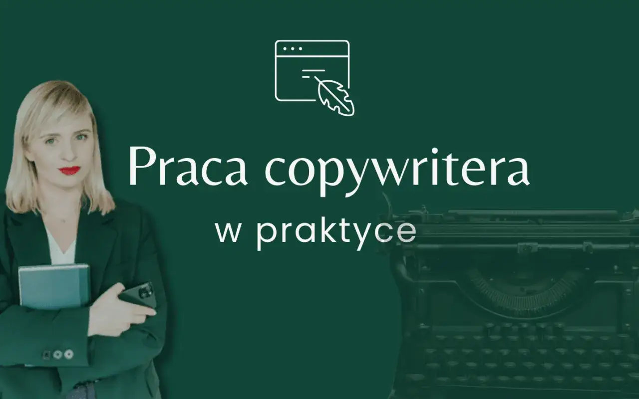 Kobieta z książką i telefonem obok maszyny do pisania. Tekst: 