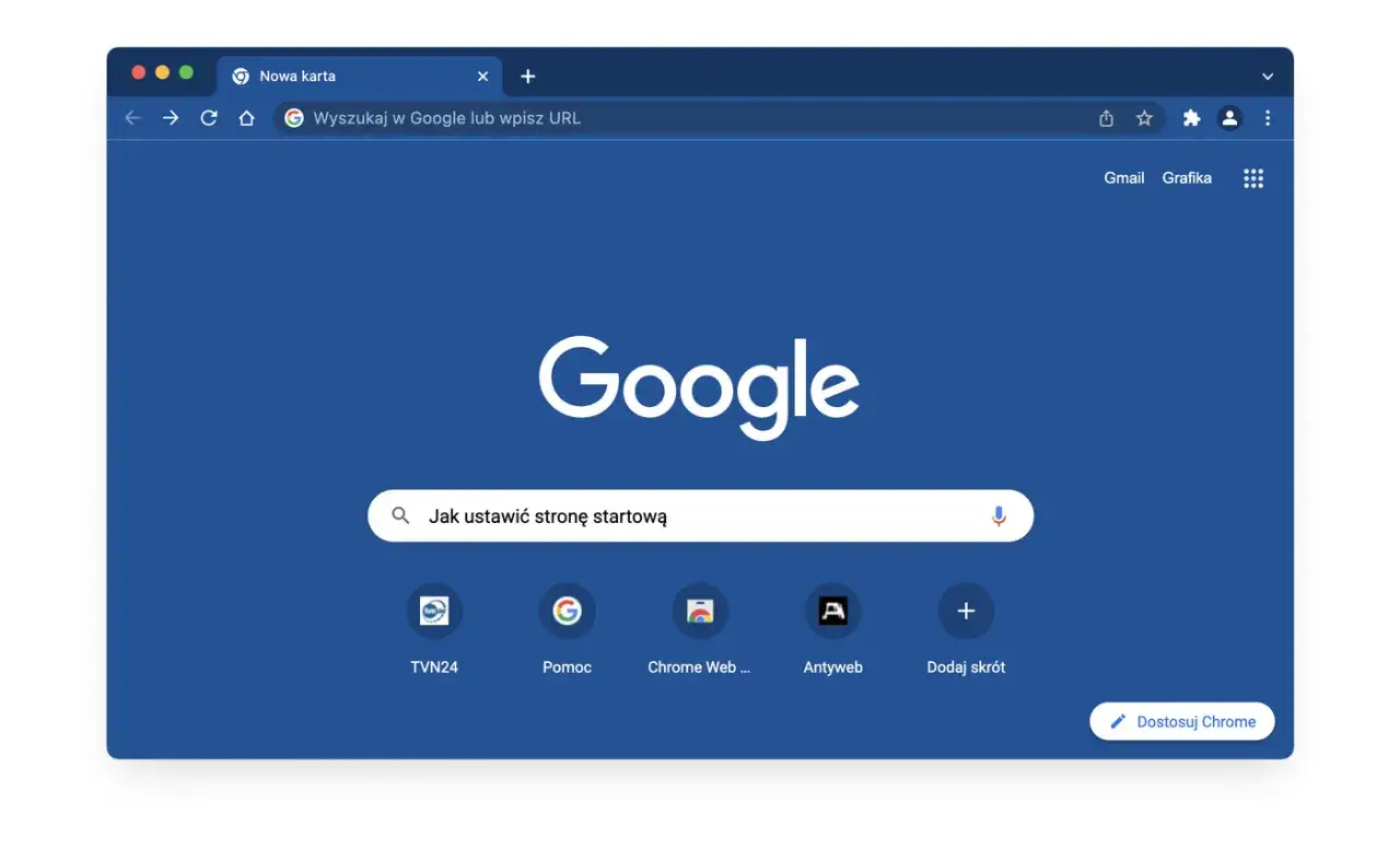 Szukasz informacji, jak zmienić przeglądarkę na Google? Na ekranie widzisz stronę startową Google Chrome z polem wyszukiwania.