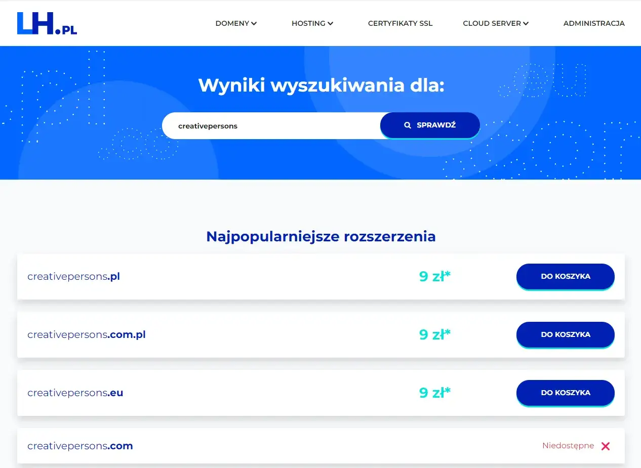 Wyniki wyszukiwania domeny 